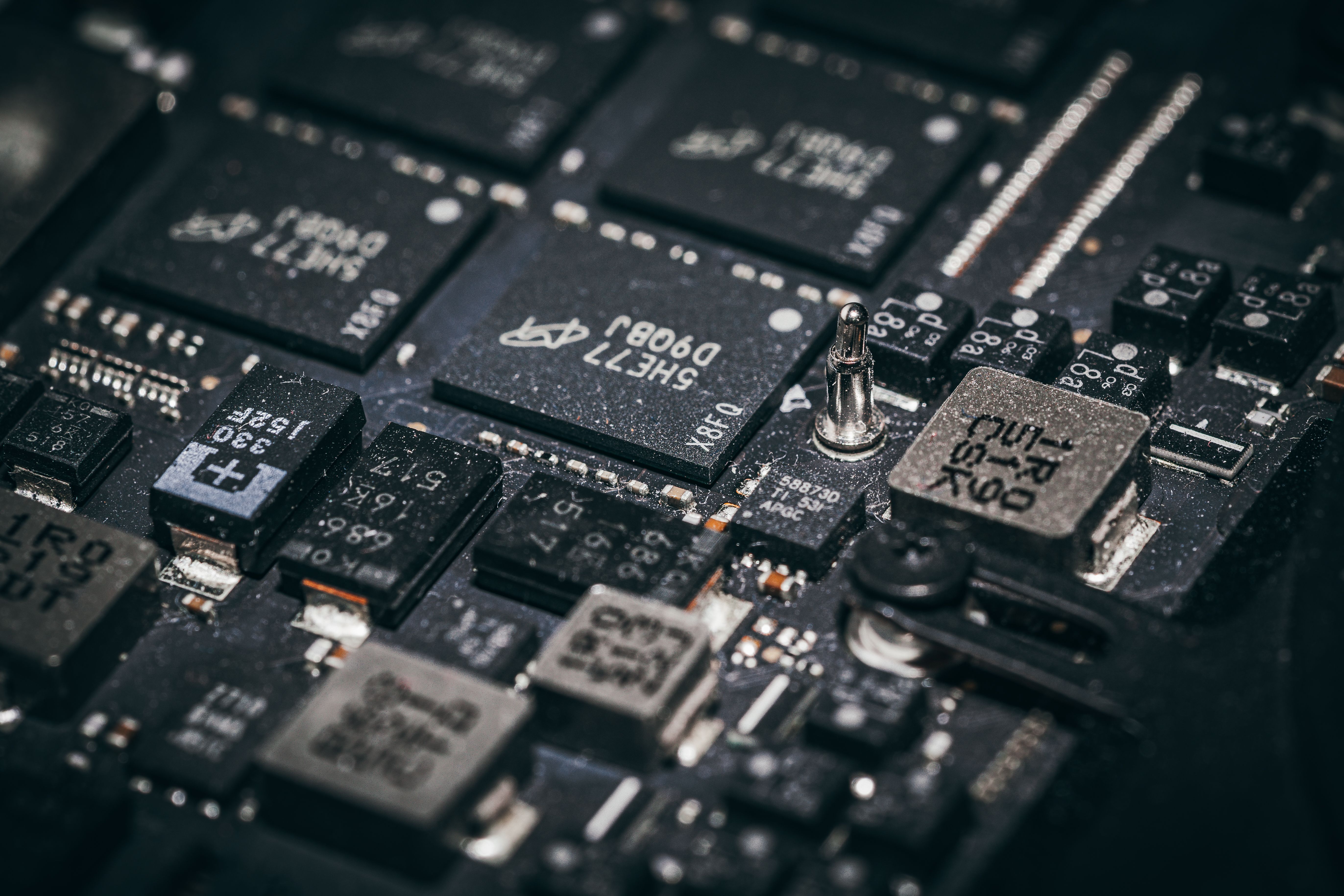 Close-up of electronic microchips mounted on a circuit board